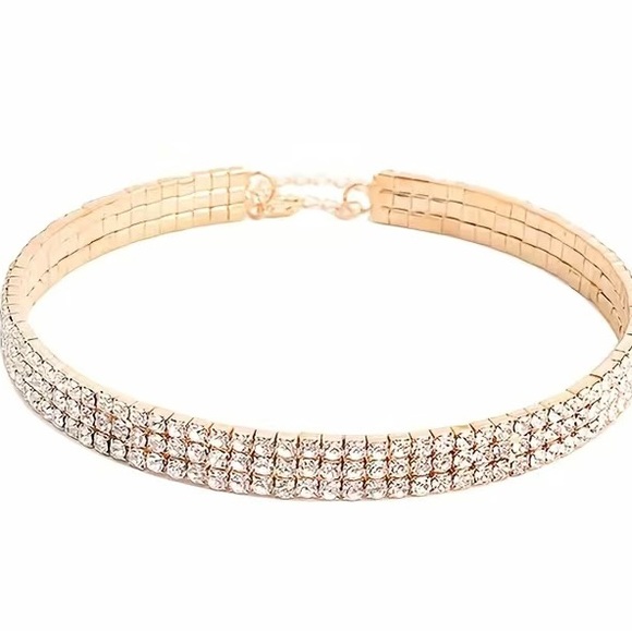 Gold Three row Rhinestone Choker..layer with leather or flower chokers. - Picture 2 of 6